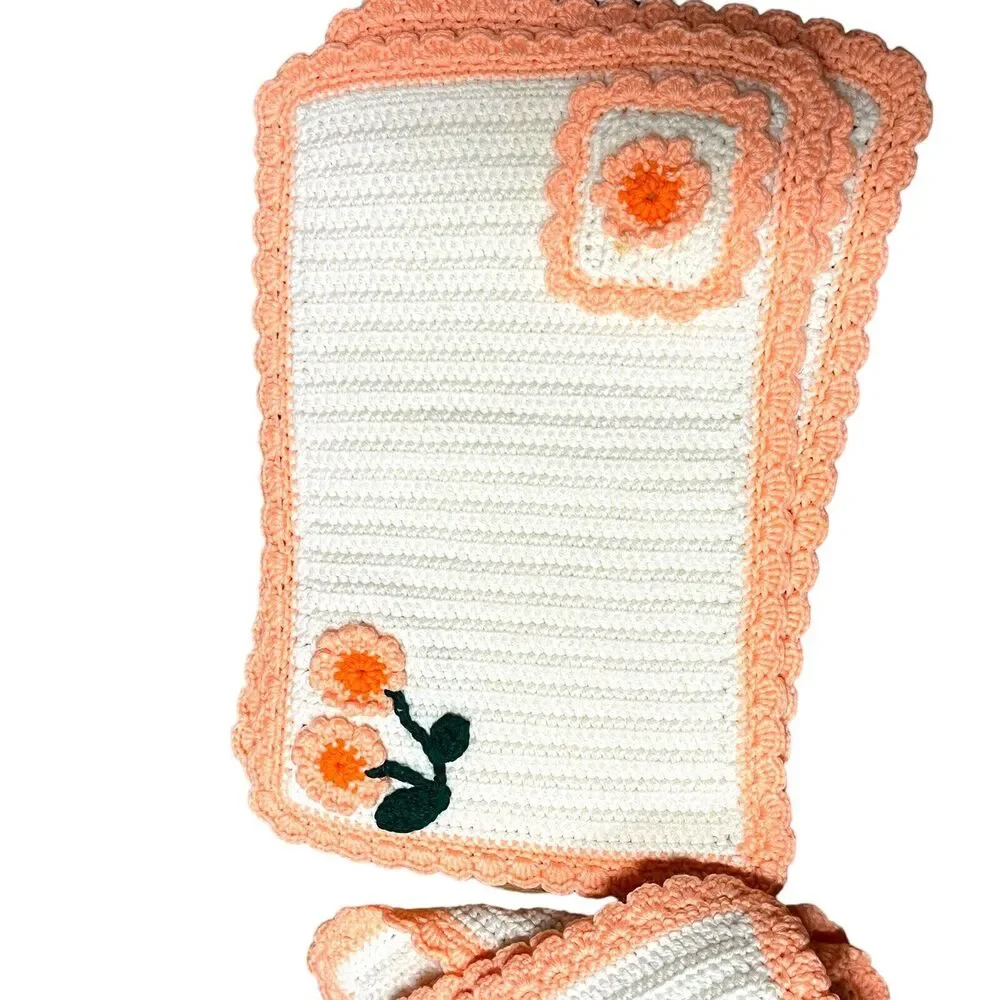 Placemats Crochet Set Of 6 Vintage Orange White Retro 18 X 12 Country Kitsch